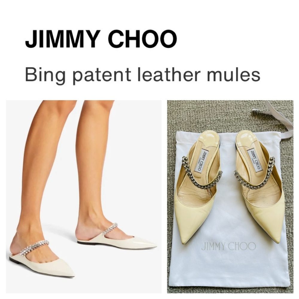 JIMMY CHOO Cream Crystal Embellished Patent Leather Mules & Dust Bag